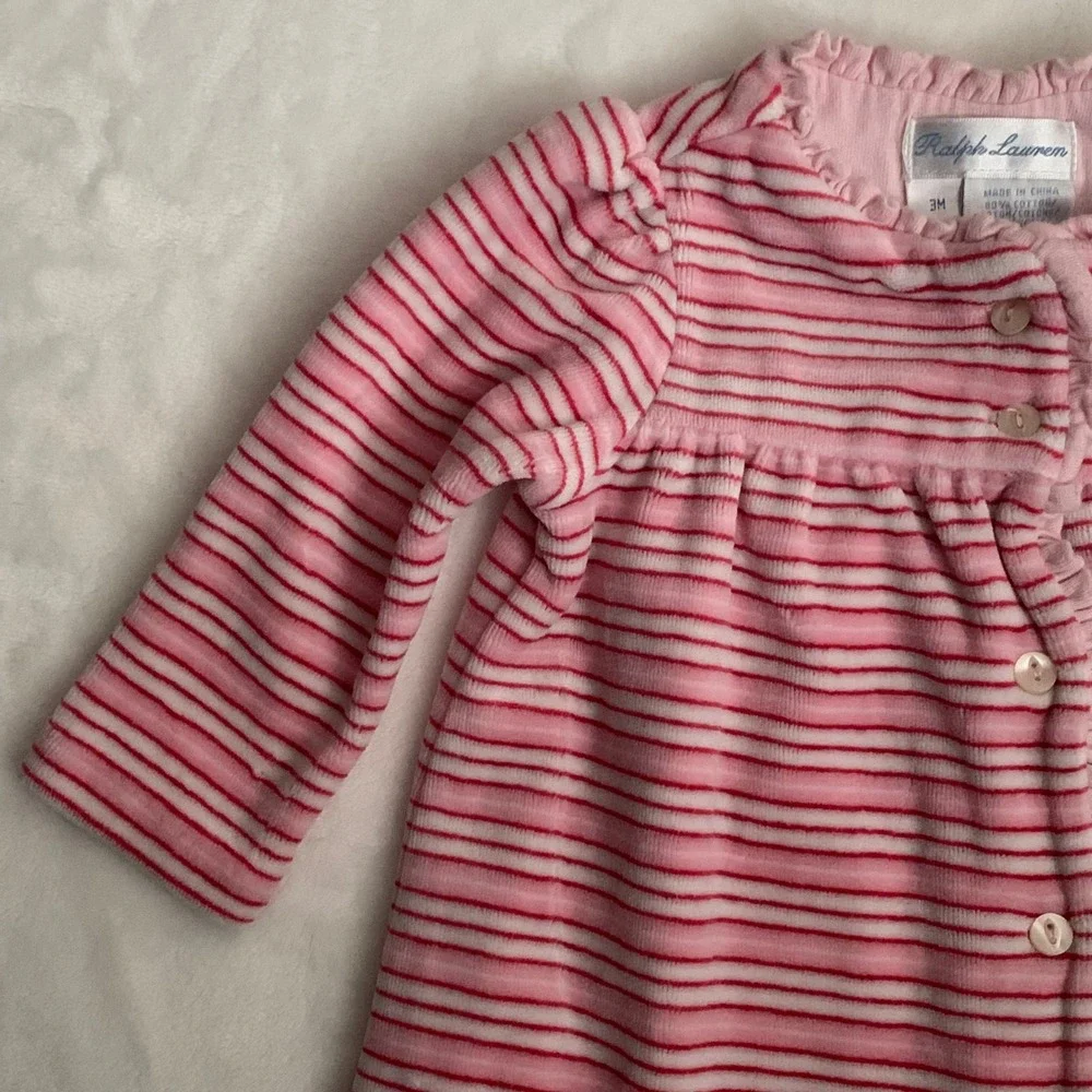 Ralph Lauren Baby Girl Pink Stripe Velour Button Front Dress 3 Months Valentine